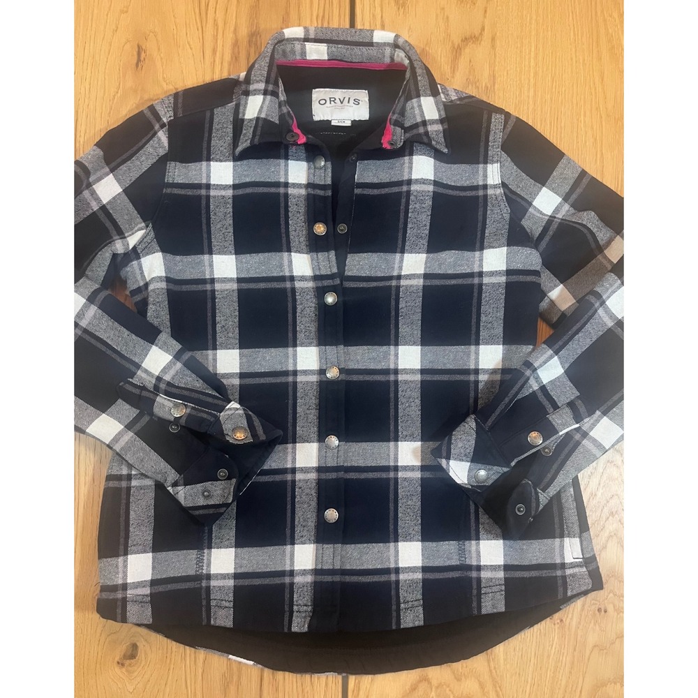 Orvis Fleece Lined Flannel Shirt Jacket Womens Small Navy White Plaid Gorpcore